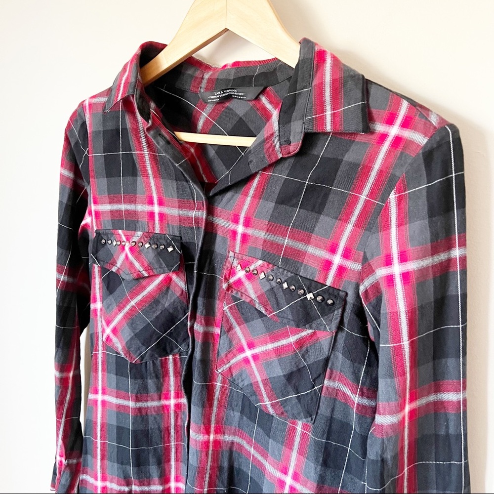Zara Woman Premium Tartan Plaid Studded Pocket Fray Hem Shirt Dress Red Black XS - Picture 4 of 13